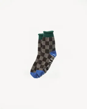 R1497 - Pile Room Socks "Checkerboard" - Dark Green, Blue