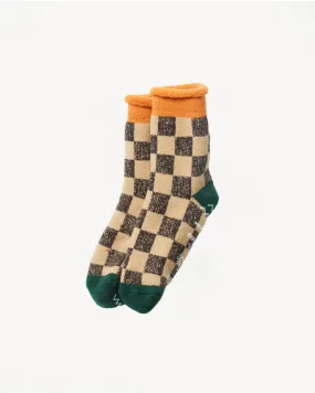 R1497 - Pile Room Socks "Checkerboard" - Light Orange, Dark Green